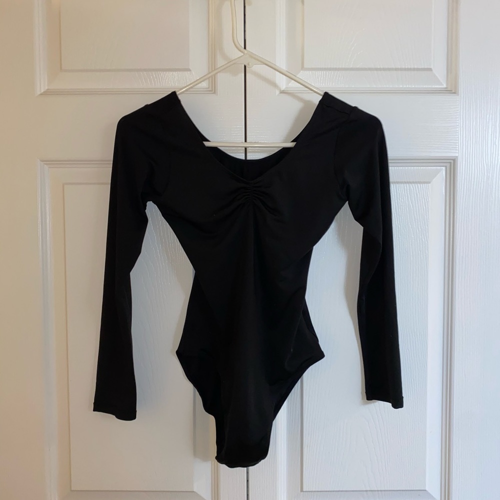 Black Pinch-Front Long Sleeve Leotard